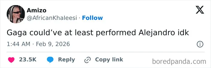 Tweet reaction criticizing the Super Bowl Lx halftime show, mentioning Gaga and the song Alejandro.
