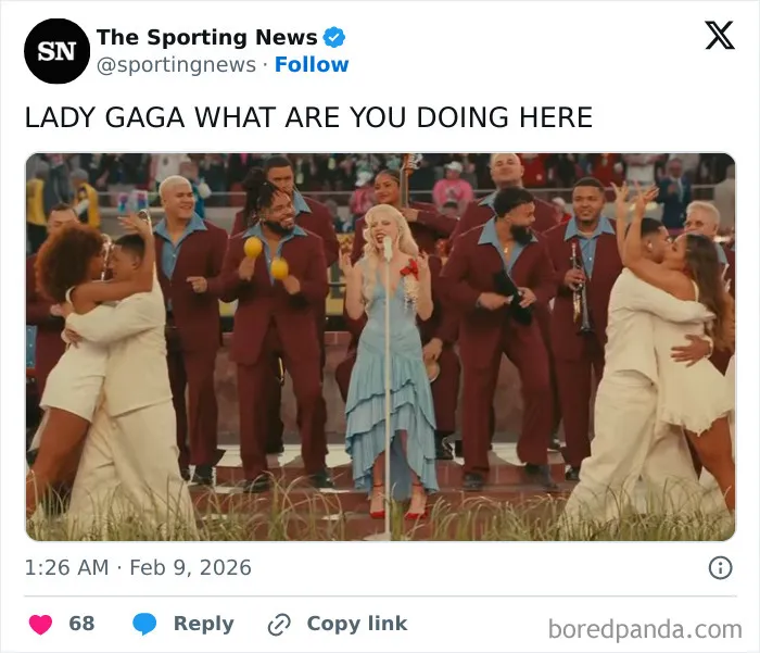 Lady Gaga performing in a blue dress with dancers during the Super Bowl LX halftime show reactions and memes.