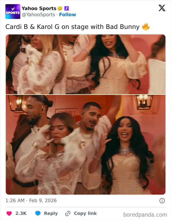 Cardi B, Karol G, and Bad Bunny performing with vibrant energy during Super Bowl LX halftime show reactions and memes.
