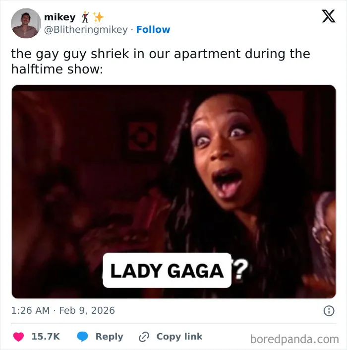 Reaction meme showing a surprised woman with text referencing Lady Gaga during the Super Bowl Lx halftime show.