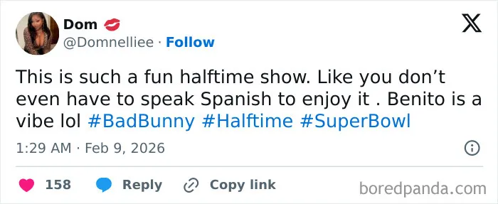 Tweet praising the Super Bowl Lx halftime show featuring Bad Bunny, highlighting fun and enjoyment without language barriers.