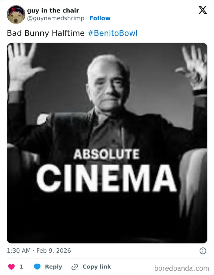 Black and white meme showing a man with raised hands and text absolute cinema, reacting to Super Bowl Lx Halftime Show.