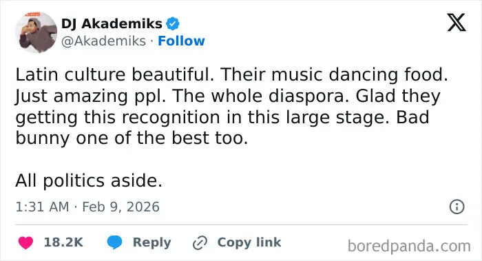 Tweet praising Latin culture and Bad Bunny during Super Bowl Lx halftime show reactions and memes.