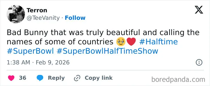 Tweet showing a fan praising Bad Bunny’s performance with hashtags about Super Bowl Lx halftime show reactions and memes.