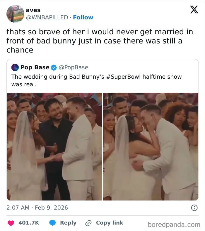 Screenshot of a humorous chaotic X post about a wedding during Bad Bunny’s Super Bowl halftime show.