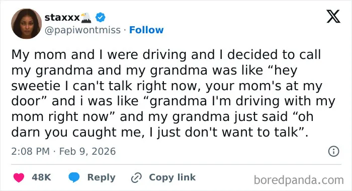 Screenshot of a humorous X post showing a funny conversation between a user, their mom, and grandma coping with humor.