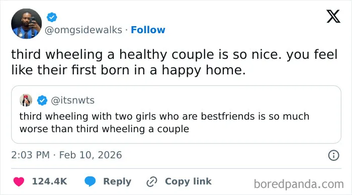 Screenshot of a humorous X post about third wheeling, illustrating chaotic and hilarious posts used to cope with humor.