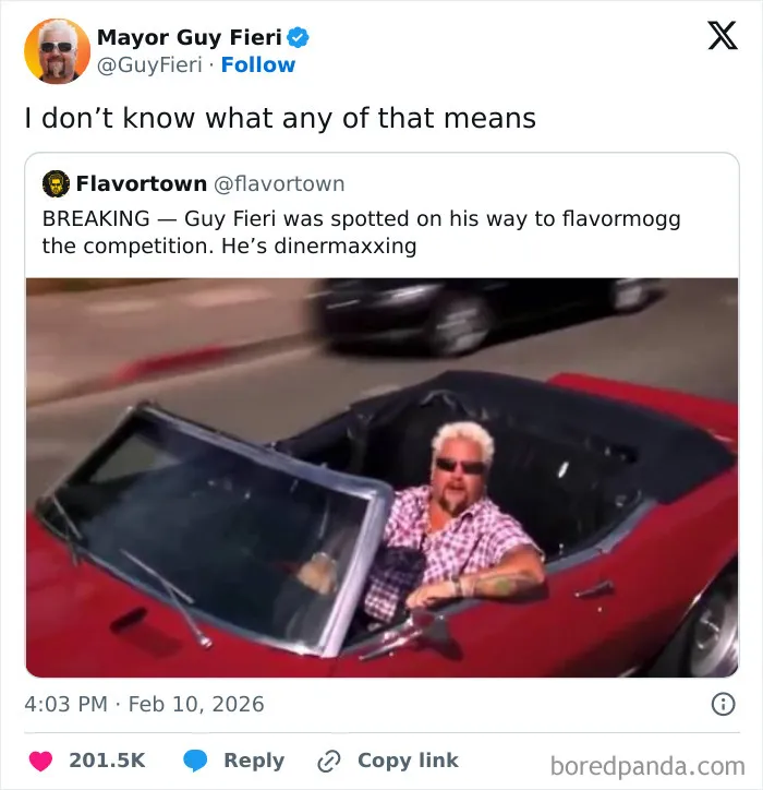 Tweet showing a humorous post from Guy Fieri, part of chaotic and hilarious X posts coping with humor in February.