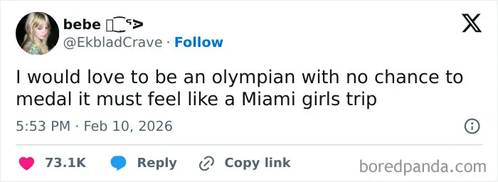 Screenshot of a humorous X post with a witty comment about being an Olympian and a Miami girls trip.