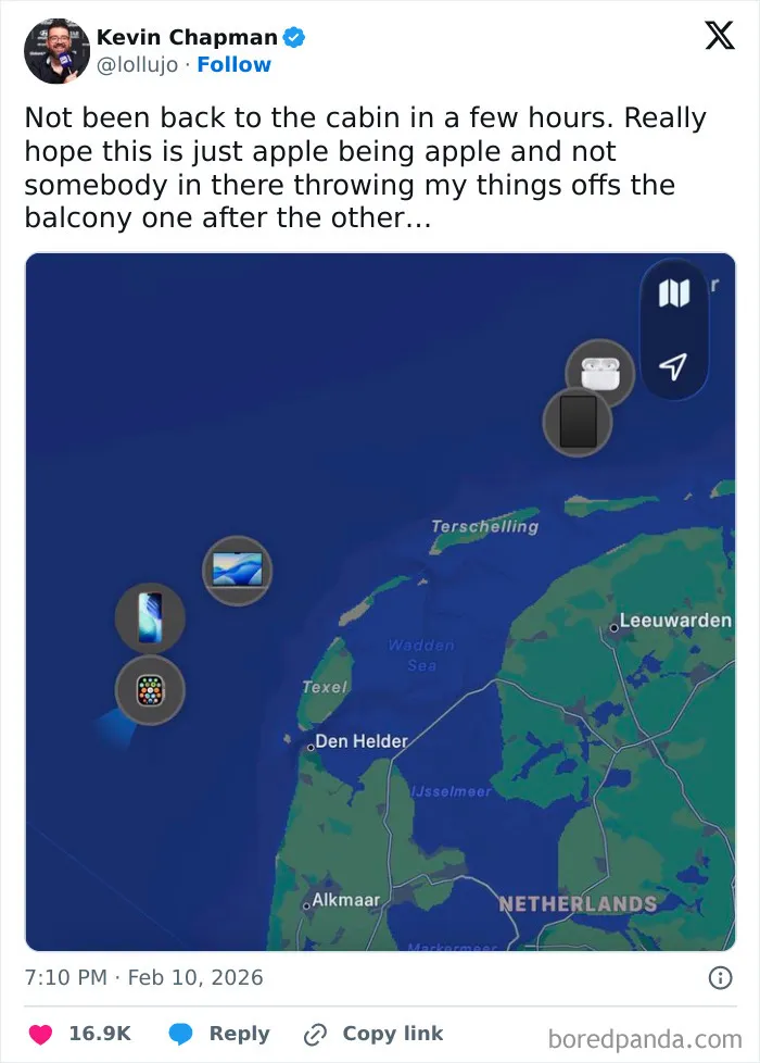 Map showing Apple devices scattered over the Netherlands coast in a chaotic and hilarious coping humor post.