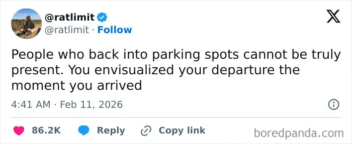 Screenshot of a humorous X post about people backing into parking spots, reflecting chaotic and hilarious coping humor.