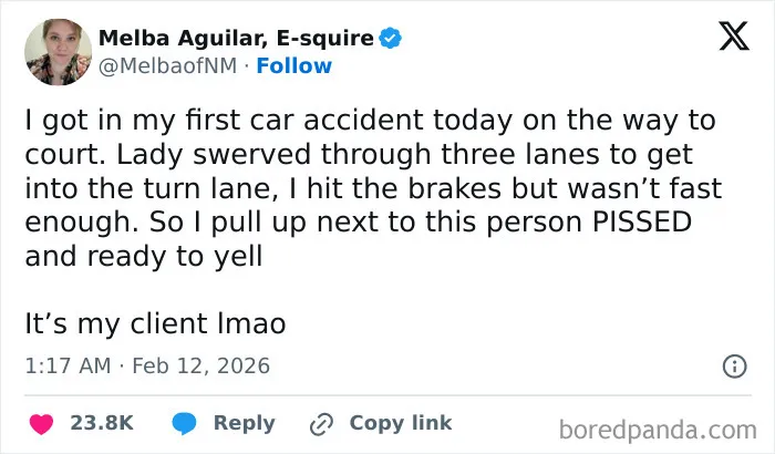 Screenshot of a humorous X post about a car accident with chaotic and hilarious content coping with humor.