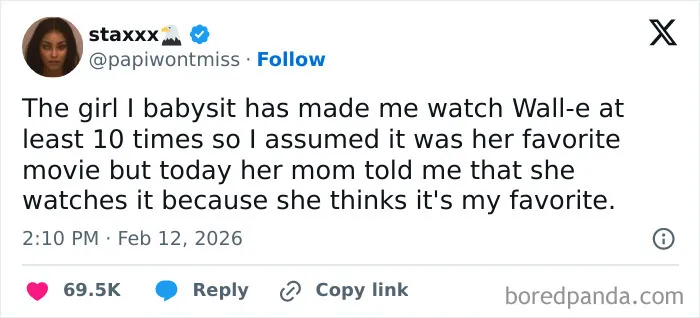 Screenshot of a chaotic and hilarious X post humorously describing a babysitting experience involving multiple viewings of Wall-e.