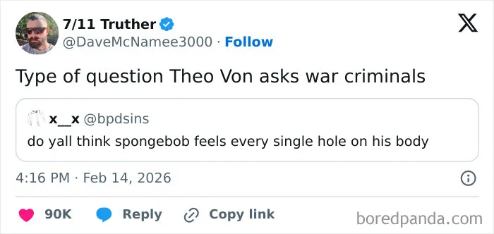 Screenshot of a chaotic and hilarious X post humorously questioning SpongeBob’s sensation, reflecting coping with humor in February.