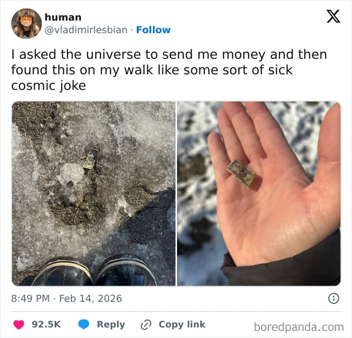 Small folded dollar bill on icy ground and in hand, featured in chaotic and hilarious X posts coping with humor.