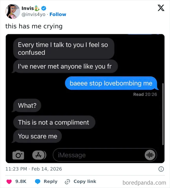 Text message exchange showing chaotic and hilarious X posts where humor is used to cope with confusing emotions in February.