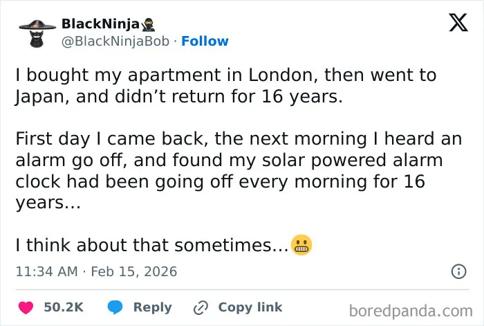 Chaotic and hilarious X post about a solar alarm clock going off for 16 years after long absence from apartment.