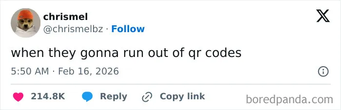 A humorous X post from February showing a tweet joking about running out of QR codes as part of chaotic and hilarious coping.
