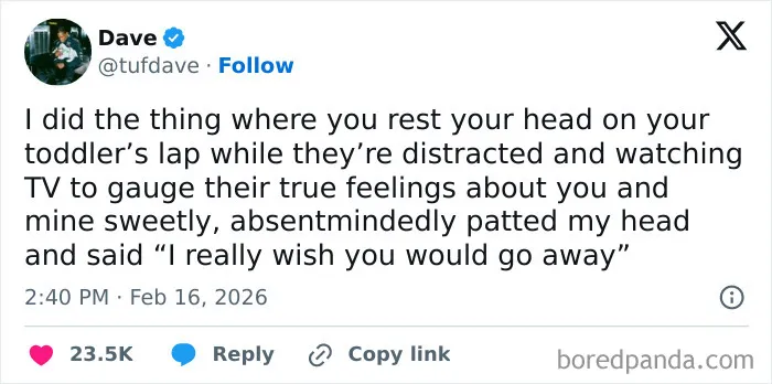 A humorous social media post showing a relatable parenting moment shared on X with chaotic and hilarious coping humor.