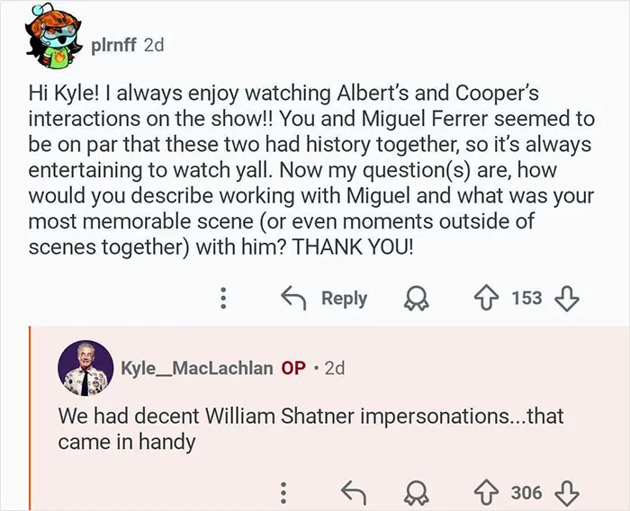 Conversation screenshot showing Kyle MacLachlan discussing working with Miguel Ferrer in Twin Peaks Q&A.