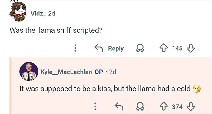 Kyle MacLachlan answers a fan question about a scripted llama moment from Twin Peaks with a humorous reply.