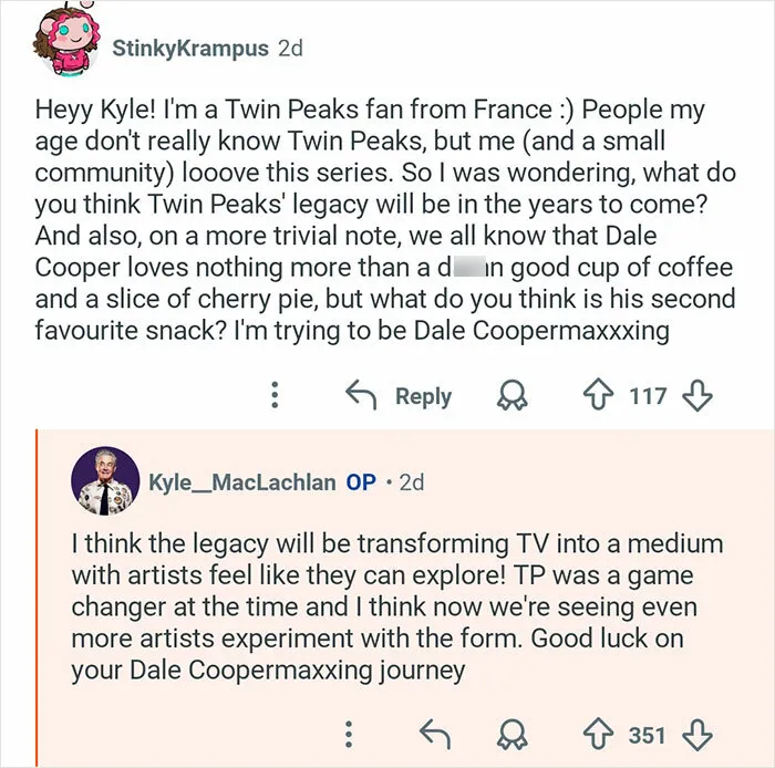 Reddit exchange with Kyle MacLachlan discussing Twin Peaks legacy and fans’ questions about Dale Cooper’s favorite snacks.