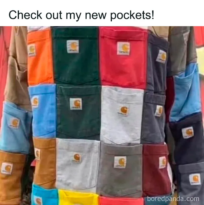 Colorful patchwork shirt made of multiple shirt pockets, showcasing a humorous and creative clothing design meme.