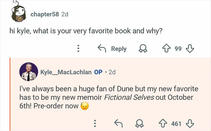 Kyle MacLachlan from Twin Peaks discussing his favorite book and promoting his new memoir in an online Q&A.