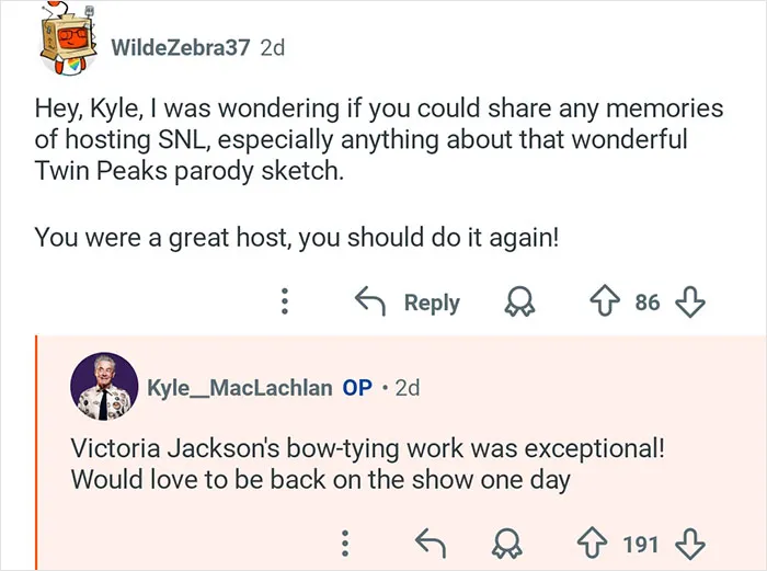 Kyle MacLachlan from Twin Peaks discussing memories of hosting SNL and the Twin Peaks parody sketch.