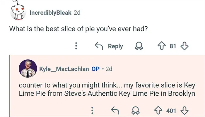 Reddit exchange showing Kyle MacLachlan from Twin Peaks sharing his favorite Key Lime Pie in a Q&A session.