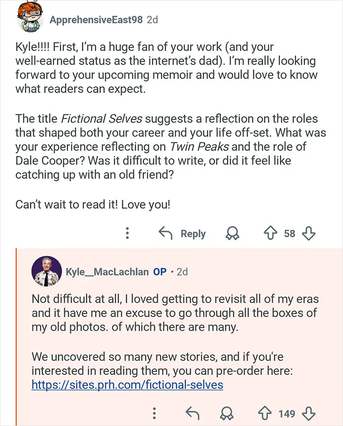 Screenshot of a Reddit Q&A featuring Kyle MacLachlan from Twin Peaks answering fan questions about his memoir.