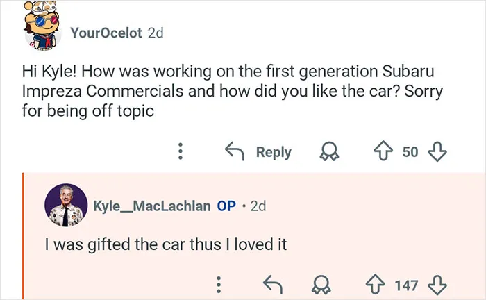 Kyle MacLachlan from Twin Peaks responding to a fan about Subaru Impreza commercials in an online Q&A session