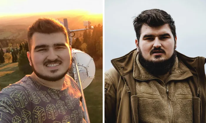Before-and-after photos of a Ukrainian soldier showing his transformation amid the war, reflecting strength and resilience.