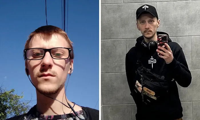Before-and-after photos of a Ukrainian soldier showing changes in appearance during the war experience.