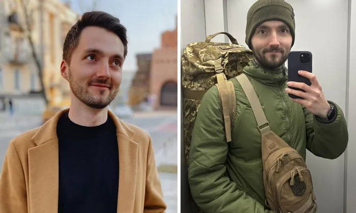 Before-and-after photos of a Ukrainian soldier, showing life changes amid the war, wearing civilian and military gear.