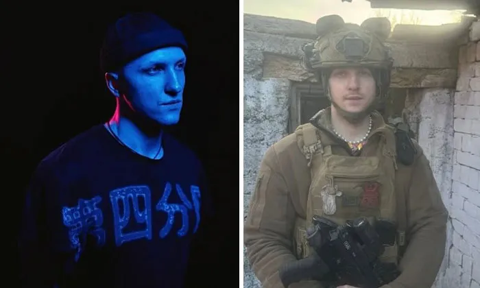 Side-by-side before and after photos of a Ukrainian soldier illustrating powerful war transformation.