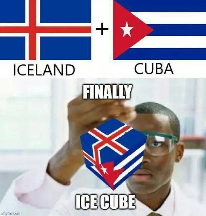 Person holding a Rubik’s Cube combining Iceland and Cuba flags as a math meme for mathematicians about ice cube.