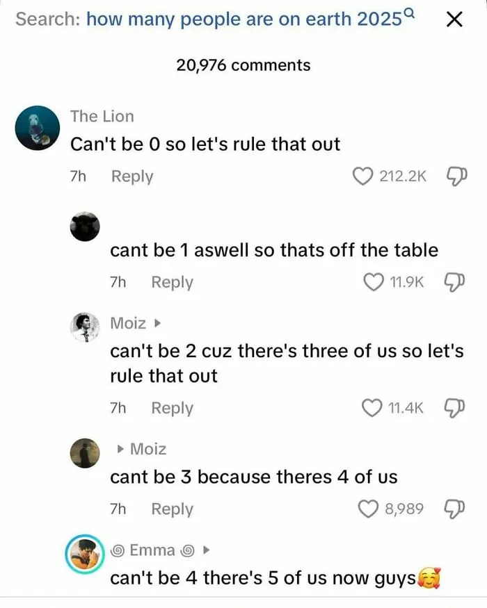 Comments humorously ruling out numbers as answers to how many people are on earth in 2025, a memes for mathematicians joke.