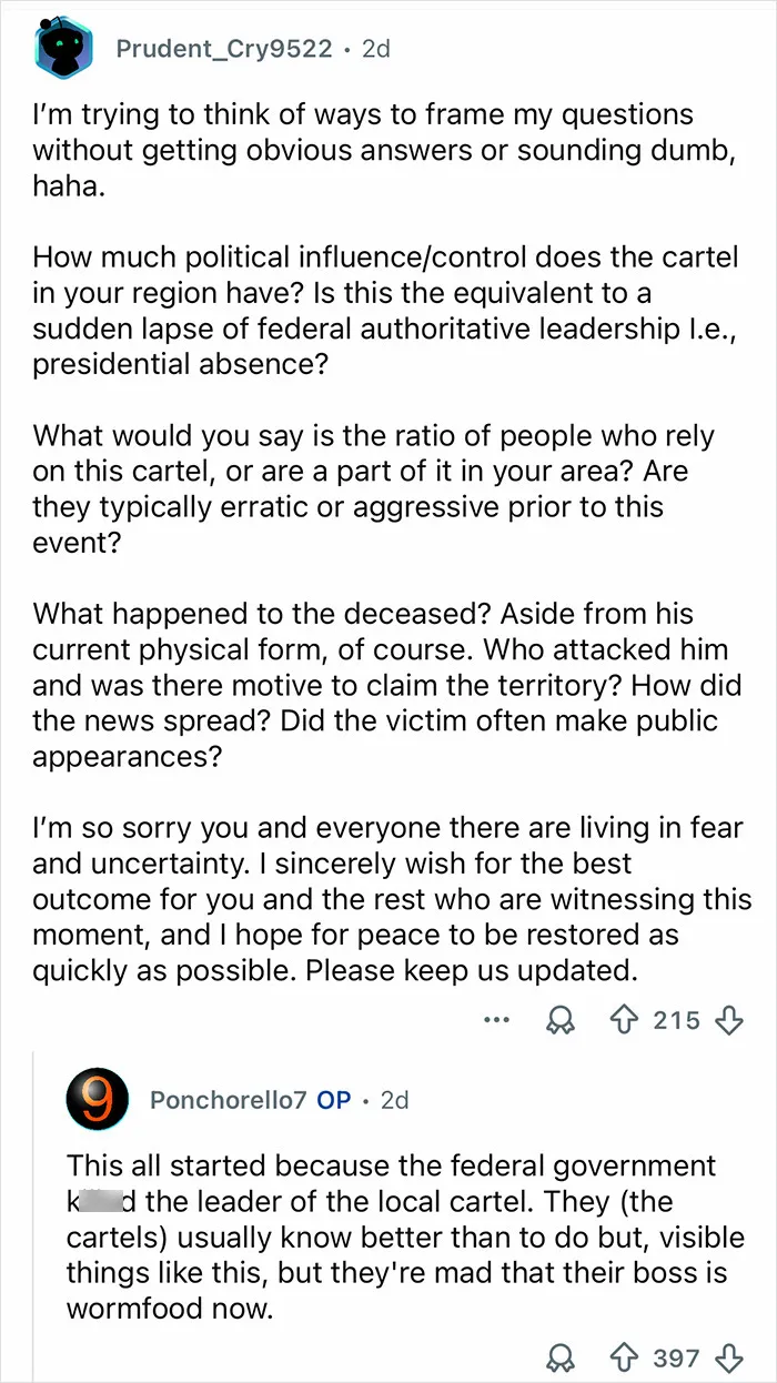 Reddit user discussing the political influence and control of cartels amid ongoing Mexico cartel violence.