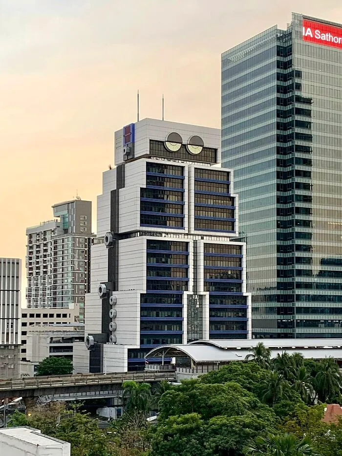 Unique modern building with a face-like design among city skyscrapers, showcasing unusual places around the world.