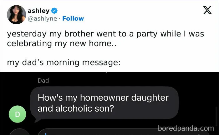 Screenshot of a funny X post featuring a humorous dad text message about his homeowner daughter and alcoholic son.
