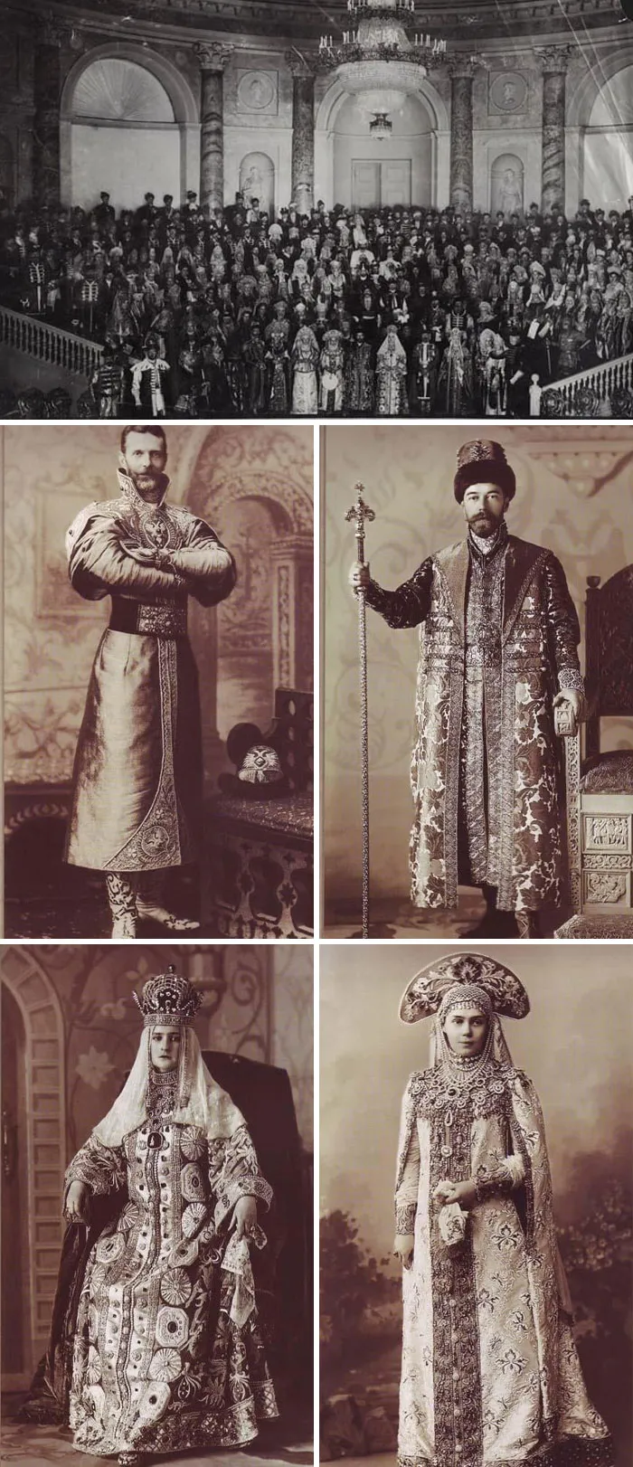 Large group and individual portraits showcasing intricate historical garments and regal attire from past eras in high detail.