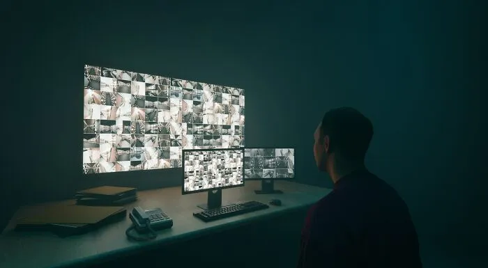 A graveyard shift worker monitoring multiple surveillance screens in a dark control room, appearing focused and alert.