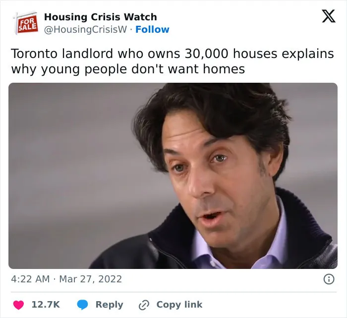 Man with dark hair explaining issues related to housing crisis and consumerism impact on younger generations