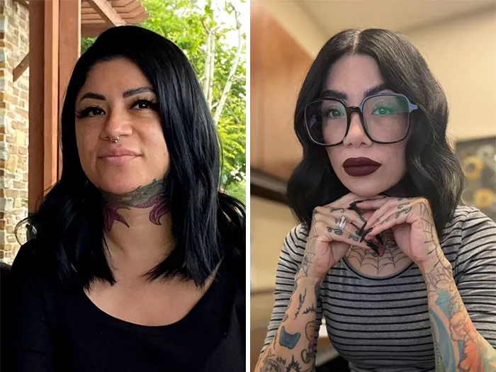 Side-by-side photos showing dramatic facial changes in a woman during her Ozempic journey with noticeable weight loss.