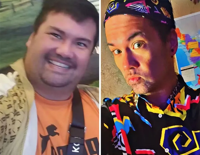 Before and after photos of a man showing dramatic facial changes from his Ozempic journey and Ozempic face transformation.