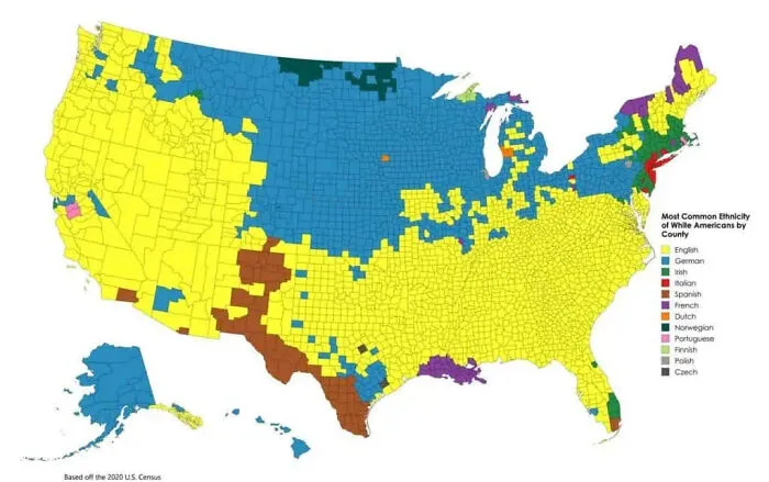 Map of the United States showing the most common ethnicity of White Americans by county with cool maps data.
