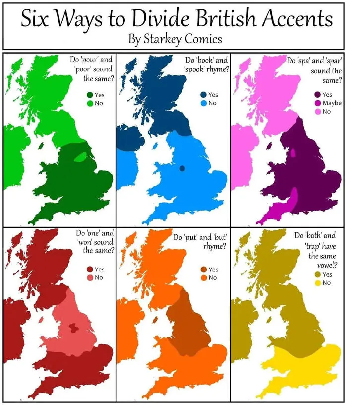 Map of British accents divided by pronunciation differences shown in colorful regions, a cool map for cartography enthusiasts.