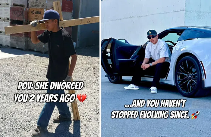 Before and after photos of a man showing the positive divorce effect, from hard labor to success and confidence.
