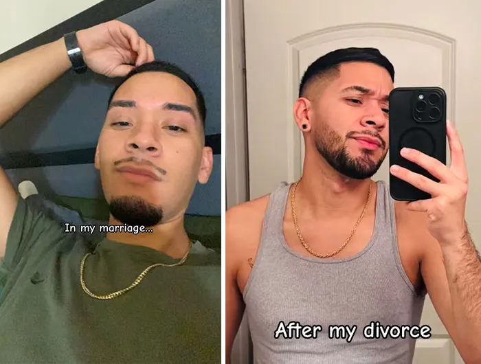 Before and after photos of a man showing positive changes after divorce, illustrating the divorce effect transformation.